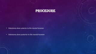 PROCEDURE
• Osteotomy done anterior to the mental foramen
• Osteotomy done posterior to the mental foramen
 