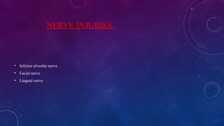 NERVE INJURIES
• Inferior alveolar nerve
• Facial nerve
• Lingual nerve
 