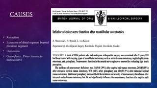 CAUSES
• Retraction
• Extension of distal segment beyond
proximal segment
• Hematoma
• Genioplasty : Direct trauma to
mental nerve
 