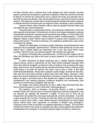 na Casa Grande, pois a semana fora muito pesada com porco assado, grossas
sopas e gordurosos ensopados e galinhas à cabidela. Antes da comida ser servida
lá estava um menino de carequinhas com a camisa de renda, era parecido com o
que fizera a prova no almoço, mas menos parecido que o que fizera a prova na janta
anterior. Ele depois de cumprir todo o ritual da experimentação dos pratos e esperar
a refeição terminar foi levado para os braços do velho mandinga e seus vomitórios.
Joaquim Pedro, toda a família e até os cães de guarda comeram tanto que
sua sesta foi até a manhã seguinte.
Enquanto toda a casa grande dormia, nove escravos celebravam o início do
mês sagrado do Ramadan. Formando um círculo e com braços enlaçados e passos
compassados dançavam, girando contra os ponteiros do relógio, um mais velho com
uma túnica verde dizia no centro: "Allahu maa es sabirin" e todos repetiam. O chefe
religioso voltava a dizer "Allahu maa es sabirin" e parava como suspenso no ar e
todos continuavam: "Va lihalli el machreq va el maghreb e aceleravam o giro contra
os ponteiro do relógio.
Depois da celebração, a princesa chegou discreta e acompanhada de duas
crianças e fez a saudação: Salamaleicum! Diante do olhar severo de um dos mais
velhos usou o dialeto palaar que aprendera com a avó: são meus olhos, meus
ouvidos e não tem boca. As crianças fingiram não entender as palavras.
O robusto mandinga falou pausadamente: Já fizemos três viagens até as
ilhas dos Rochedos que está a três dias no barco pequeno. É a mesma de nossa
viagem.
O velho marinheiro de Bioko observara que o capitão negreiro holandês
viajava sempre contra o nascimento do Sol. Eles haviam passado naquelas ilhas
cinco dias antes da chegada. Lá não tem nada, só pedras, mas se pode juntar água
doce, pois chove e há uma pedra alta de mais de quinhentos metros, onde se avista
muito longe e se pode ver barcos indo para o sul e para o norte. A ilha está
totalmente abandonada. Nosso barco pequeno pode chegar ao litoral em dez dias,
mas não tem como levar comida e gente para todo este tempo. Quando o novo
barco ficar pronto poderemos começar fazer a travessia, enquanto isto, levemos as
talhas de água e provisões para a Ilha deserta em viagens continuas. Na maior,
conseguimos uma caverna pequena, podemos ampliá-la com ferramentas para
guardar os mantimentos protegidos dos animais.
As viagens dos barcos pequenos de ida e volta à Ilha demoram três dias,
mas é muito cansativo e o sol é muito forte. Salamaaleekuum!
Ela assentiu, sorriu e começou: os jesuítas fizeram a visita e somente
voltaram dentro de uma lua cheia. A milícia de segurança somente chegará em uma
lua deverão ser vigiados até deixarem a região. O barco sai na noite de lua
minguante e não poderá ter uma carga muito grande, para ter velocidade. A comida
e água deverão ser mínimas. Precisamos levar dez casais de velhos de volta para
casa e o barco deve voltar o mais rápido possível, aproveitando os ventos desta
época. Vamos fazer mais sepulturas no cemitério e festejar suas passagens,
enquanto outros ficam escondidos na cidadela esperando a viagem. Os que forem
substituí-los devem ficar sobre os cuidados do velho escravo ganês das medicinas
e tratamentos de marcação. É a primeira grande viagem de retorno, sentenciou.
 