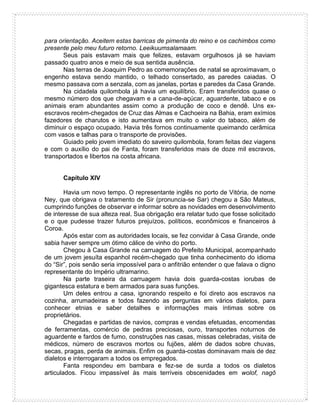 para orientação. Aceitem estas barricas de pimenta do reino e os cachimbos como
presente pelo meu futuro retorno. Leeikuumsalamaam.
Seus pais estavam mais que felizes, estavam orgulhosos já se haviam
passado quatro anos e meio de sua sentida ausência.
Nas terras de Joaquim Pedro as comemorações de natal se aproximavam, o
engenho estava sendo mantido, o telhado consertado, as paredes caiadas. O
mesmo passava com a senzala, com as janelas, portas e paredes da Casa Grande.
Na cidadela quilombola já havia um equilíbrio. Eram transferidos quase o
mesmo número dos que chegavam e a cana-de-açúcar, aguardente, tabaco e os
animais eram abundantes assim como a produção de coco e dendê. Uns ex-
escravos recém-chegados de Cruz das Almas e Cachoeira na Bahia, eram exímios
fazedores de charutos e isto aumentava em muito o valor do tabaco, além de
diminuir o espaço ocupado. Havia três fornos continuamente queimando cerâmica
com vasos e talhas para o transporte de provisões.
Guiado pelo jovem imediato do saveiro quilombola, foram feitas dez viagens
e com o auxílio do pai de Fanta, foram transferidos mais de doze mil escravos,
transportados e libertos na costa africana.
Capítulo XIV
Havia um novo tempo. O representante inglês no porto de Vitória, de nome
Ney, que obrigava o tratamento de Sir (pronuncia-se Sar) chegou a São Mateus,
cumprindo funções de observar e informar sobre as novidades em desenvolvimento
de interesse de sua alteza real. Sua obrigação era relatar tudo que fosse solicitado
e o que pudesse trazer futuros prejuízos, políticos, econômicos e financeiros à
Coroa.
Após estar com as autoridades locais, se fez convidar à Casa Grande, onde
sabia haver sempre um ótimo cálice de vinho do porto.
Chegou à Casa Grande na carruagem do Prefeito Municipal, acompanhado
de um jovem jesuíta espanhol recém-chegado que tinha conhecimento do idioma
do “Sir”, pois senão seria impossível para o anfitrião entender o que falava o digno
representante do Império ultramarino.
Na parte traseira da carruagem havia dois guarda-costas iorubas de
gigantesca estatura e bem armados para suas funções.
Um deles entrou a casa, ignorando respeito e foi direto aos escravos na
cozinha, arrumadeiras e todos fazendo as perguntas em vários dialetos, para
conhecer etnias e saber detalhes e informações mais íntimas sobre os
proprietários.
Chegadas e partidas de navios, compras e vendas efetuadas, encomendas
de ferramentas, comércio de pedras preciosas, ouro, transportes noturnos de
aguardente e fardos de fumo, construções nas casas, missas celebradas, visita de
médicos, número de escravos mortos ou fujões, além de dados sobre chuvas,
secas, pragas, perda de animais. Enfim os guarda-costas dominavam mais de dez
dialetos e interrogaram a todos os empregados.
Fanta respondeu em bambara e fez-se de surda a todos os dialetos
articulados. Ficou impassível às mais terríveis obscenidades em wolof, nagô
 