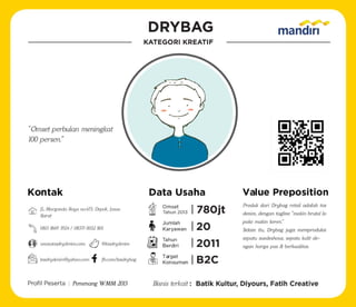 Value Preposition
Bisnis terkait :
Data Usaha
Tahun
Berdiri
Jumlah
Karyawan
Omset
Target
Konsumen
Tahun 2013
Kontak
Profil...