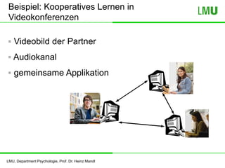 LMU, Department Psychologie, Prof. Dr. Heinz Mandl
 Videobild der Partner
 Audiokanal
 gemeinsame Applikation
Beispiel: Kooperatives Lernen in
Videokonferenzen
 