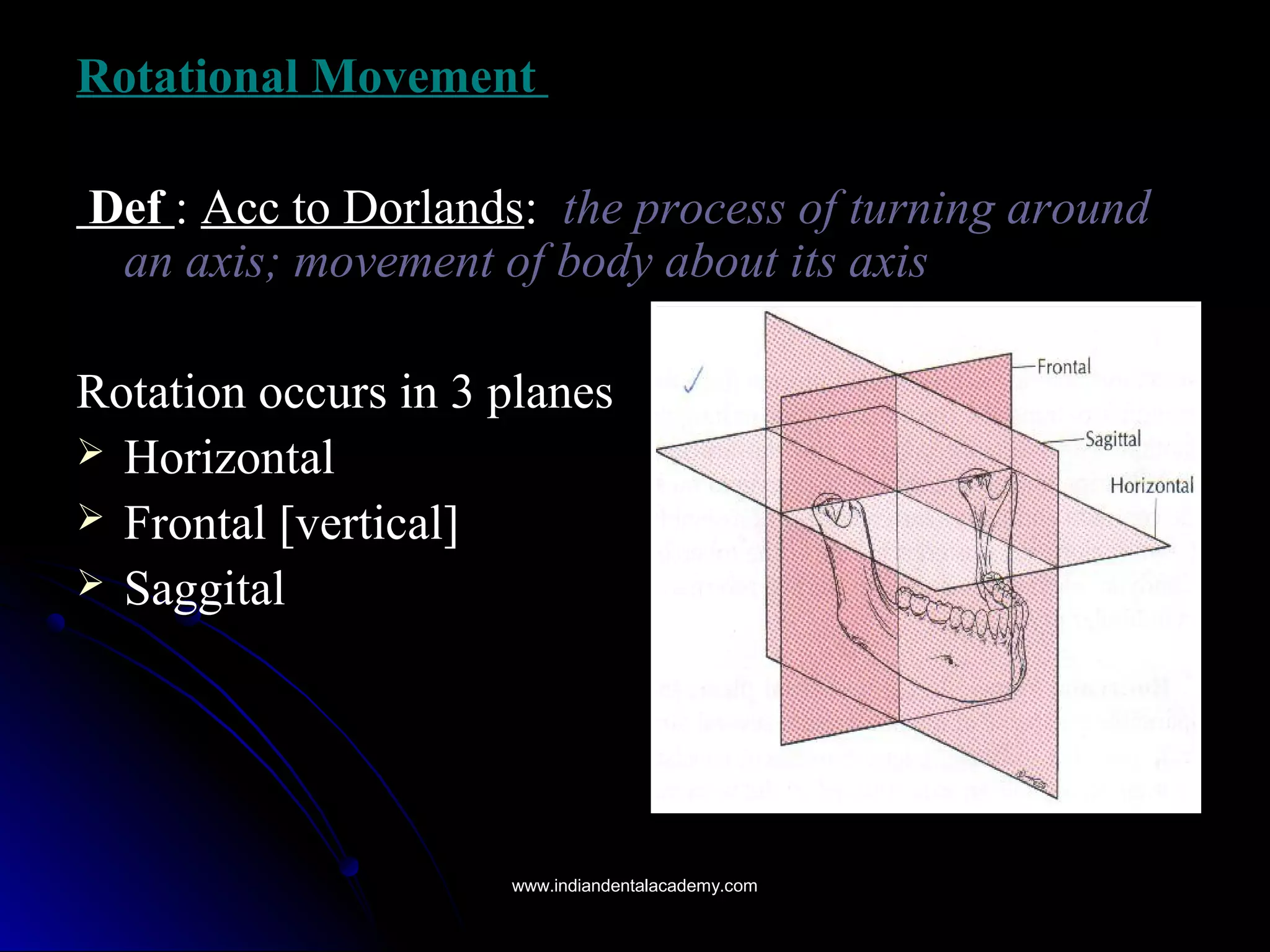 Rotational MovementRotational Movement
DefDef :: Acc to DorlandsAcc to Dorlands:: the process of turning aroundthe process of turning around
an axis; movement of body about its axisan axis; movement of body about its axis
Rotation occurs in 3 planesRotation occurs in 3 planes
 HorizontalHorizontal
 Frontal [vertical]Frontal [vertical]
 SaggitalSaggital
www.indiandentalacademy.comwww.indiandentalacademy.com
 