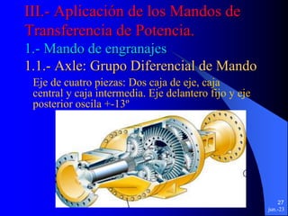 jun.-23
27
III.- Aplicación de los Mandos de
Transferencia de Potencia.
1.- Mando de engranajes
1.1.- Axle: Grupo Diferencial de Mando
Eje de cuatro piezas: Dos caja de eje, caja
central y caja intermedia. Eje delantero fijo y eje
posterior oscila +-13º
 
