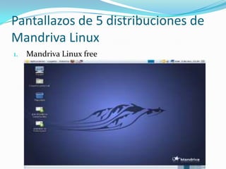 Distribuciones derivadas de Mandriva LinuxMandriva Linux free: Es la edición gratuita de Mandriva Linux se llama así porque contiene únicamente software libre, Mandriva Free es una edición completamente funcional viene con una amplia variedad de aplicaciones en muchas áreas (oficina, Internet, multimedia, servidor etc.). Es ideal para los que desean utilizar sólo software libre en su equipo , esta disponible para procesadores Intel y AMD de 32 y 64 bits, viene con una gran variedad de software y solamente se distribuye en DVD.