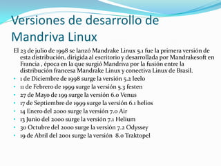 Versiones de desarrollo de
Mandriva Linux
El 23 de julio de 1998 se lanzó Mandrake Linux 5.1 fue la primera versión de
   esta distribución, dirigida al escritorio y desarrollada por Mandrakesoft en
   Francia , época en la que surgió Mandriva por la fusión entre la
   distribución francesa Mandrake Linux y conectiva Linux de Brasil.
• 1 de Diciembre de 1998 surge la versión 5.2 leelo
• 11 de Febrero de 1999 surge la versión 5.3 festen
• 27 de Mayo de 199 surge la versión 6.0 Venus
• 17 de Septiembre de 1999 surge la versión 6.1 helios
• 14 Enero del 2000 surge la versión 7.0 Air
• 13 Junio del 2000 surge la versión 7.1 Helium
• 30 Octubre del 2000 surge la versión 7.2 Odyssey
• 19 de Abril del 2001 surge la versión 8.0 Traktopel
 