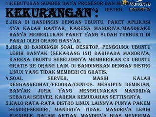Kekurangan :
1.Kebutuhan sumber daya prosesor dan memori yang
‘rakus’ dibandingkan dengan distro lainnya
misalnya Linux Slackware.
2.Jika di bandingin dengan ubuntu, paket aplikasi
nya kalah banyak, karena mandriva/mandrake
hanya memerlukan paket yang sudah terbukti di
pakai oleh orang banyak.
3.Jika di bandingin soal desktop, pengguna ubuntu
lebih banyak (sekarang ini) daripada mandriva,
karena ubuntu sebelumnya memberikan cd ubuntu
gratis ke orang lain. Di bandingkan dengan distro
linux yang tidak memberi cd gratis.
4.Soal server, masih kalah
denganRedhat/Fedora/Centos. meskipun demikian,
banyak juga yang menggunakan mandriva
sebagai server, karena kemudahan settingnya.
5.Kalo rata-rata distro linux lainnya punya pakem
sendiri-sendiri, mandriva tidak. mandriva lebih
 