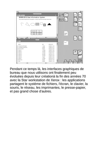 6




Pendant ce temps là, les interfaces graphiques de
bureau que nous utilisons ont finalement peu
évoluées depuis leur créationà la fin des années 70
avec la Star workstation de Xerox : les applications
partagent le système de fichiers, l'écran, le clavier, la
souris, le réseau, les imprimantes, le presse-papier,
et pas grand chose d'autres.
 