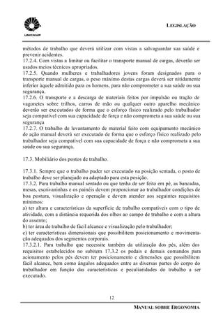 12
MANUAL SOBRE ERGONOMIA
LEGISLAÇÃO
métodos de trabalho que deverá utilizar com vistas a salvaguardar sua saúde e
prevenir acidentes.
17.2.4. Com vistas a limitar ou facilitar o transporte manual de cargas, deverão ser
usados meios técnicos apropriados.
17.2.5. Quando mulheres e trabalhadores jovens foram designados para o
transporte manual de cargas, o peso máximo destas cargas deverá ser nitidamente
inferior àquele admitido para os homens, para não comprometer a sua saúde ou sua
segurança.
17.2.6. O transporte e a descarga de materiais feitos por impulsão ou tração de
vagonetes sobre trilhos, carros de mão ou qualquer outro aparelho mecânico
deverão ser exe cutados de forma que o esforço físico realizado pelo trabalhador
seja compatível com sua capacidade de força e não comprometa a sua saúde ou sua
segurança
17.2.7. O trabalho de levantamento de material feito com equipamento mecânico
de ação manual deverá ser executado de forma que o esforço físico realizado pelo
trabalhador seja compatível com sua capacidade de força e não comprometa a sua
saúde ou sua segurança.
17.3. Mobiliário dos postos de trabalho.
17.3.1. Sempre que o trabalho puder ser executado na posição sentada, o posto de
trabalho deve ser planejado ou adaptado para esta posição.
17.3.2. Para trabalho manual sentado ou que tenha de ser feito em pé, as bancadas,
mesas, escrivaninhas e os painéis devem proporcionar ao trabalhador condições de
boa postura, visualização e operação e devem atender aos seguintes requisitos
mínimos:
a) ter altura e características da superfície de trabalho compatíveis com o tipo de
atividade, com a distância requerida dos olhos ao campo de trabalho e com a altura
do assento;
b) ter área de trabalho de fácil alcance e visualização pelo trabalhador;
c) ter características dimensionais que possibilitem posicionamento e movimenta-
ção adequados dos segmentos corporais.
17.3.2.1. Para trabalho que necessite também da utilização dos pés, além dos
requisitos estabelecidos no subitem 17.3.2 os pedais e demais comandos para
acionamento pelos pés devem ter posicionamento e dimensões que possibilitem
fácil alcance, bem como ângulos adequados entre as diversas partes do corpo do
trabalhador em função das características e peculiaridades do trabalho a ser
executado.
 
