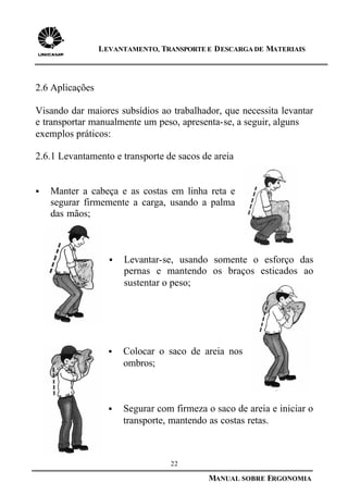 22
MANUAL SOBRE ERGONOMIA
LEVANTAMENTO, TRANSPORTE E DESCARGA DE MATERIAIS
2.6 Aplicações
Visando dar maiores subsídios ao trabalhador, que necessita levantar
e transportar manualmente um peso, apresenta-se, a seguir, alguns
exemplos práticos:
2.6.1 Levantamento e transporte de sacos de areia
§ Manter a cabeça e as costas em linha reta e
segurar firmemente a carga, usando a palma
das mãos;
§ Levantar-se, usando somente o esforço das
pernas e mantendo os braços esticados ao
sustentar o peso;
§ Colocar o saco de areia nos
ombros;
§ Segurar com firmeza o saco de areia e iniciar o
transporte, mantendo as costas retas.
 