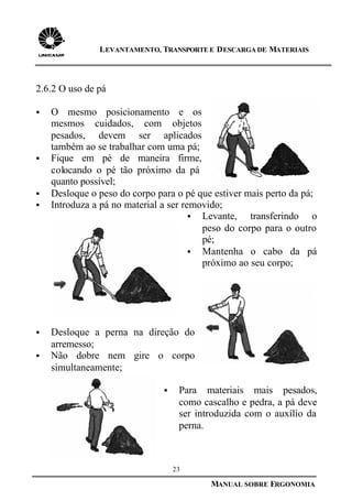 23
MANUAL SOBRE ERGONOMIA
LEVANTAMENTO, TRANSPORTE E DESCARGA DE MATERIAIS
2.6.2 O uso de pá
§ O mesmo posicionamento e os
mesmos cuidados, com objetos
pesados, devem ser aplicados
também ao se trabalhar com uma pá;
§ Fique em pé de maneira firme,
colocando o pé tão próximo da pá
quanto possível;
§ Desloque o peso do corpo para o pé que estiver mais perto da pá;
§ Introduza a pá no material a ser removido;
§ Levante, transferindo o
peso do corpo para o outro
pé;
§ Mantenha o cabo da pá
próximo ao seu corpo;
§ Desloque a perna na direção do
arremesso;
§ Não dobre nem gire o corpo
simultaneamente;
§ Para materiais mais pesados,
como cascalho e pedra, a pá deve
ser introduzida com o auxílio da
perna.
 
