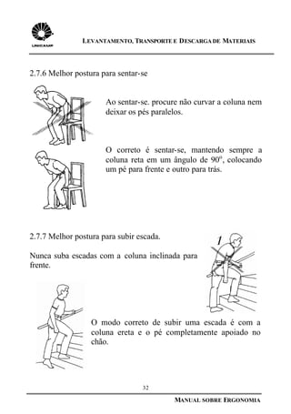 32
MANUAL SOBRE ERGONOMIA
LEVANTAMENTO, TRANSPORTE E DESCARGA DE MATERIAIS
2.7.6 Melhor postura para sentar-se
Ao sentar-se. procure não curvar a coluna nem
deixar os pés paralelos.
O correto é sentar-se, mantendo sempre a
coluna reta em um ângulo de 90o
, colocando
um pé para frente e outro para trás.
2.7.7 Melhor postura para subir escada.
Nunca suba escadas com a coluna inclinada para
frente.
O modo correto de subir uma escada é com a
coluna ereta e o pé completamente apoiado no
chão.
 