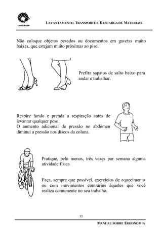35
MANUAL SOBRE ERGONOMIA
LEVANTAMENTO, TRANSPORTE E DESCARGA DE MATERIAIS
Não coloque objetos pesados ou documentos em gavetas muito
baixas, que estejam muito próximas ao piso.
Prefira sapatos de salto baixo para
andar e trabalhar.
Respire fundo e prenda a respiração antes de
levantar qualquer peso.
O aumento adicional de pressão no abdômen
diminui a pressão nos discos da coluna.
Pratique, pelo menos, três vezes por semana alguma
atividade física
Faça, sempre que possível, exercícios de aquecimento
ou com movimentos contrários àqueles que você
realiza comumente no seu trabalho.
 