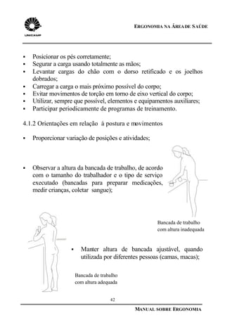 42
MANUAL SOBRE ERGONOMIA
ERGONOMIA NA ÁREADE SAÚDE
§ Posicionar os pés corretamente;
§ Segurar a carga usando totalmente as mãos;
§ Levantar cargas do chão com o dorso retificado e os joelhos
dobrados;
§ Carregar a carga o mais próximo possível do corpo;
§ Evitar movimentos de torção em torno de eixo vertical do corpo;
§ Utilizar, sempre que possível, elementos e equipamentos auxiliares;
§ Participar periodicamente de programas de treinamento.
4.1.2 Orientações em relação à postura e movimentos
§ Proporcionar variação de posições e atividades;
§ Observar a altura da bancada de trabalho, de acordo
com o tamanho do trabalhador e o tipo de serviço
executado (bancadas para preparar medicações,
medir crianças, coletar sangue);
§ Manter altura de bancada ajustável, quando
utilizada por diferentes pessoas (camas, macas);
Bancada de trabalho
com altura inadequada
Bancada de trabalho
com altura adequada
 