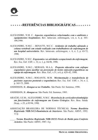 MANUAL SOBRE ERGONOMIA
REFERÊNCIAS BIBLIOGRÁFICAS
ALEXANDRE, N.M. C. Aspectos ergonômicos relacionados com o ambiente e
equipamentos hospitalares. Rev. latino-am. enfermagem, v.6, n. 4, p. 103-
109,1998.
ALEXANDRE, N.M.C. ; BENATTI, M.C.C. Acidentes de trabalho afetando a
coluna vertebral: um estudo realizado com trabalhadores de enfermagem de
um hospital universitário. Rev. latino-am. enfermagem, v. 6, n. 2, p. 65-72,
1998.
ALEXANDRE, N.M.C. Ergonomia e as atividades ocupacionais da enfermagem.
Rev. Esc. Enf. USP, v. 32, n. 1, p. 84-90, 1998.
ALEXANDRE, N.M.C.; MORAES, M.A.A. Proposta educativa com enfoque
ergonômico para auxiliar na prevenção de lesões músculo-esqueléticas na
equipe de enfermagem. Rev. Bras. Enf., v.51, n.4, p. 629-42, 1998.
ALEXANDRE, N.M.C.; ROGANTE, M.M. Movimentação e transferência de
paciente: aspectos posturais e ergonômicos. Rev. Esc. Enf. USP, v. 34, n. 2,
p. 165-73, 2000.
ANDERSON, B. Alongue-se no Trabalho. São Paulo: Ed. Summus, 1998.
ANDERSON, B. Alongue-se. São Paulo: Ed. Summus, 1983.
ARAÚJO, I.E.M.; ALEXANDRE, N.M.C. Ocorrência de cervicodorsolombalgias
em funcionários de enfermagem em Centro Cirúrgico. Rev. Bras. Saúde
Ocup., v.25, n.93/94, 1998.
ASSOCIAÇÃO BRASILEIRA DE NORMAS TÉCNICAS. Norma Brasileira
Registrada NBR-5413-Iluminância de Interiores. São Paulo: ABNT, 1992.
13 p.
____. Norma Brasileira Registrada NBR-10152-Níveis de Ruído para Conforto
Acústico. São Paulo: ABNT, 1987. 4 p.
 