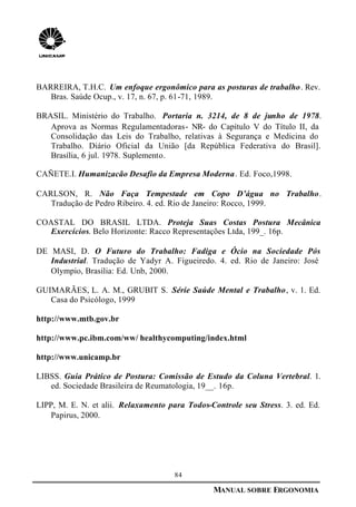 84
MANUAL SOBRE ERGONOMIA
BARREIRA, T.H.C. Um enfoque ergonômico para as posturas de trabalho. Rev.
Bras. Saúde Ocup., v. 17, n. 67, p. 61-71, 1989.
BRASIL. Ministério do Trabalho. Portaria n. 3214, de 8 de junho de 1978.
Aprova as Normas Regulamentadoras- NR- do Capítulo V do Título II, da
Consolidação das Leis do Trabalho, relativas à Segurança e Medicina do
Trabalho. Diário Oficial da União [da República Federativa do Brasil].
Brasília, 6 jul. 1978. Suplemento.
CAÑETE.I. Humanizacão Desafio da Empresa Moderna. Ed. Foco,1998.
CARLSON, R. Não Faça Tempestade em Copo D’água no Trabalho.
Tradução de Pedro Ribeiro. 4. ed. Rio de Janeiro: Rocco, 1999.
COASTAL DO BRASIL LTDA. Proteja Suas Costas Postura Mecânica
Exercícios. Belo Horizonte: Racco Representações Ltda, 199_. 16p.
DE MASI, D. O Futuro do Trabalho: Fadiga e Ócio na Sociedade Pós
Industrial. Tradução de Yadyr A. Figueiredo. 4. ed. Rio de Janeiro: José
Olympio, Brasília: Ed. Unb, 2000.
GUIMARÃES, L. A. M., GRUBIT S. Série Saúde Mental e Trabalho, v. 1. Ed.
Casa do Psicólogo, 1999
http://www.mtb.gov.br
http://www.pc.ibm.com/ww/ healthycomputing/index.html
http://www.unicamp.br
LIBSS. Guia Prático de Postura: Comissão de Estudo da Coluna Vertebral. 1.
ed. Sociedade Brasileira de Reumatologia, 19__. 16p.
LIPP, M. E. N. et alii. Relaxamento para Todos-Controle seu Stress. 3. ed. Ed.
Papirus, 2000.
 