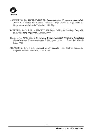 85
MANUAL SOBRE ERGONOMIA
MONTICUCO, D., KOPELOWICZ, M. Levantamento e Transporte Manual de
Pesos. São Paulo: Fundacentro Fundação Jorge Duprat de Figueiredo de
Segurança e Medicina do Trabalho, 1991. 22p.
NATIONAL BACK PAIN ASSOCIATION. Royal College of Nursing. The guide
to the handling of patients. London, 1997.
RIMM, D. C., MASTERS, J. C. Terapia Comportamental-Técnicas e Resultados
Experimentais. Tradução de Ana F. Rodrigues Alves. 2. ed. Ed. Manole
Ltda, 1983.
VELÁSQUEZ, F.F. et alli. Manual de Ergonomía. 1.ed. Madrid: Fundación
Mapfre/Gráficas Lormo S/A, 1994. 622p.
 