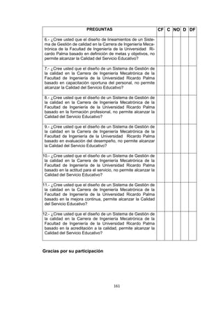 161
PREGUNTAS CF C NO D DF
6.- ¿Cree usted que el diseño de lineamientos de un Siste-
ma de Gestión de calidad en la Carrera de Ingeniería Meca-
trónica de la Facultad de Ingeniería de la Universidad Ri-
cardo Palma basado en definición de metas y objetivos, no
permite alcanzar la Calidad del Servicio Educativo?
7.- ¿Cree usted que el diseño de un Sistema de Gestión de
la calidad en la Carrera de Ingeniería Mecatrónica de la
Facultad de Ingeniería de la Universidad Ricardo Palma
basado en capacitación oportuna del personal, no permite
alcanzar la Calidad del Servicio Educativo?
8.- ¿Cree usted que el diseño de un Sistema de Gestión de
la calidad en la Carrera de Ingeniería Mecatrónica de la
Facultad de Ingeniería de la Universidad Ricardo Palma
basado en la formación profesional, no permite alcanzar la
Calidad del Servicio Educativo?
9.- ¿Cree usted que el diseño de un Sistema de Gestión de
la calidad en la Carrera de Ingeniería Mecatrónica de la
Facultad de Ingeniería de la Universidad Ricardo Palma
basado en evaluación del desempeño, no permite alcanzar
la Calidad del Servicio Educativo?
10.- ¿Cree usted que el diseño de un Sistema de Gestión de
la calidad en la Carrera de Ingeniería Mecatrónica de la
Facultad de Ingeniería de la Universidad Ricardo Palma
basado en la actitud para el servicio, no permite alcanzar la
Calidad del Servicio Educativo?
11.- ¿Cree usted que el diseño de un Sistema de Gestión de
la calidad en la Carrera de Ingeniería Mecatrónica de la
Facultad de Ingeniería de la Universidad Ricardo Palma
basado en la mejora continua, permite alcanzar la Calidad
del Servicio Educativo?
12.- ¿Cree usted que el diseño de un Sistema de Gestión de
la calidad en la Carrera de Ingeniería Mecatrónica de la
Facultad de Ingeniería de la Universidad Ricardo Palma
basado en la acreditación a la calidad, permite alcanzar la
Calidad del Servicio Educativo?
Gracias por su participación
 