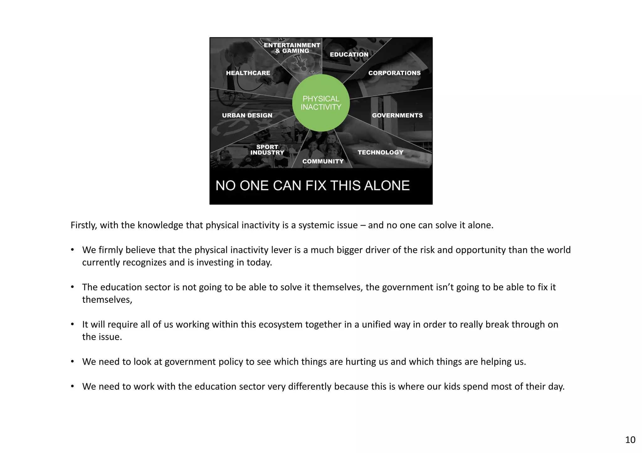 Firstly, with the knowledge that physical inactivity is a systemic issue – and no one can solve it alone. 
• We firmly believe that the physical inactivity lever is a much bigger driver of the risk and opportunity than the world 
currently recognizes and is investing in today. 
• The education sector is not going to be able to solve it themselves, the government isn’t going to be able to fix it 
themselves, 
• It will require all of us working within this ecosystem together in a unified way in order to really break through on 
the issue. 
• We need to look at government policy to see which things are hurting us and which things are helping us. 
• We need to work with the education sector very differently because this is where our kids spend most of their day. 
10 
 
