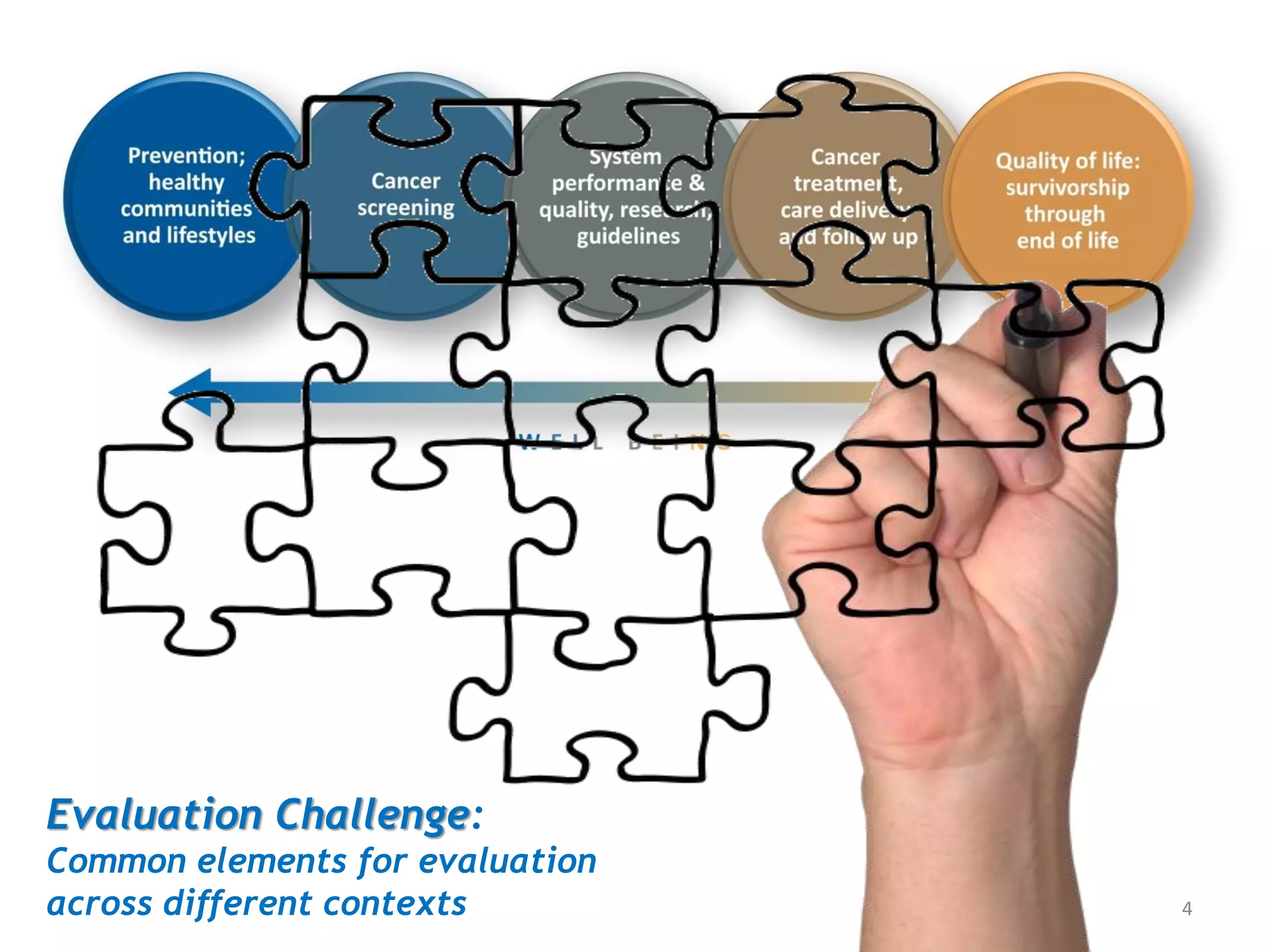 4
Evaluation Challenge:
Common elements for evaluation
across different contexts
 