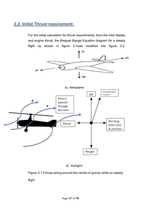 Page 17 of 78
2.2. Initial Thrust requirement:
For the initial calculation for thrust requirements, from the rotor blades
and engine thrust, the Breguet Range Equation diagram for a steady
flight as shown in figure 3.1was modified into figure 3.2.
a) Aeroplane
b) Autogiro
Figure 3.1 Forces acting around the centre of gravity while on steady
flight
Thrust
Lift
Resultant force
on rotor
Net drag
from rotor
& airframe
Flow is
upward
through
the rotor
Weight
 