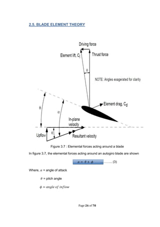 Page 26 of 78
2.5. BLADE ELEMENT THEORY
Figure 3.7 : Elemental forces acting around a blade
In figure 3.7, the elemental forces acting around an autogiro blade are shown
……….. (3)
Where, = angle of attack
= pitch angle
 