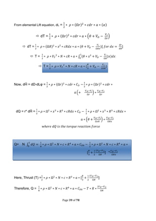 Page 39 of 78
From elemental Lift equation, dL = ( (
 dT = ( ( )
 dT = ( (
 T = ∫ (
 T = (
Now, dĤ = dD-dLφ = ( (
( )
dQ = r* dĤ =
( )
Q= N ∫
(
] *
Here, Thrust (T) =
(
]
Therefore, Q =
(
 
