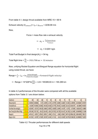 Page 51 of 78
From table 4.1, design thrust available from MRE-15 = 66 N
Exhaust velocity ( = = 2236.68 m/s
Now,
Force = mass flow rate x exhaust velocity
 ̇
̇
 ̇ = 0.0281 kg/s
Total Fuel Budget in final design( = 54 kg
Total flight time = ̇
Now, unifying Rocket Equation and Breguet Range equation for horizontal flight
using rocket thrust, we have:
Range =
 Range = 14*228*ln( = 165389.93 m = 165.389 km
In table 4.2 performances of the thruster were compared with all the available
options from Table 3.1 are shown below:
Table 4.2: Thruster performances for different stall speeds
Vstall(m/s) 120 105 103 100 95 90 85 80 75 70 65 60 55
WingArea(m2) 8.8 8.5034014 8.8368366 9.375 10.38781 11.5741 12.97578 14.64844 16.66667 19.13265 22.1893491 26.04166667 30.99174
Forward(thrust) 70.93 50.42349 70.934019 100.9602 149.0318 194.638 237.7793 278.4552 316.6659 352.4114 385.691747 416.506844 444.8567
FuelMassflowrate(kg/s) 0.031712 0.0225439 0.031714 0.045138 0.066631 0.08702 0.106309 0.124495 0.141579 0.15756 0.1724394 0.186216555 0.198892
BurnTime(s)(forMfuel=54kg) 1702.816 2395.3264 1702.7193 1196.32 810.4359 620.54 507.9531 433.7528 381.4137 342.7264 313.153499 289.9849588 271.5048
Range(m) 165389.9 144716.19 141959.7 137824.9 130933.7 124042 117151.2 110260 103368.7 96477.46 89586.2158 82694.96839 75803.72
Rangein(Km) 165.3899 144.71619 141.9597 137.8249 130.9337 124.042 117.1512 110.26 103.3687 96.47746 89.5862158 82.69496839 75.80372
 