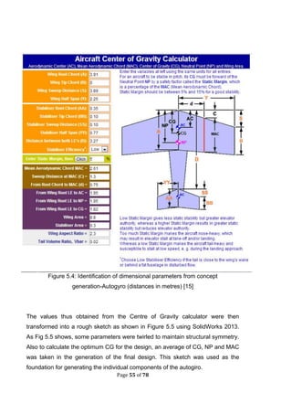 Page 55 of 78
Figure 5.4: Identification of dimensional parameters from concept
generation-Autogyro (distances in metres) [15]
The values thus obtained from the Centre of Gravity calculator were then
transformed into a rough sketch as shown in Figure 5.5 using SolidWorks 2013.
As Fig 5.5 shows, some parameters were twirled to maintain structural symmetry.
Also to calculate the optimum CG for the design, an average of CG, NP and MAC
was taken in the generation of the final design. This sketch was used as the
foundation for generating the individual components of the autogiro.
 