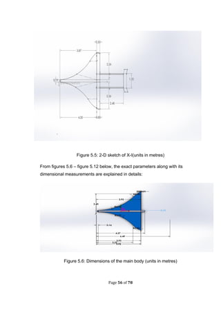 Page 56 of 78
Figure 5.5: 2-D sketch of X-I(units in metres)
From figures 5.6 – figure 5.12 below, the exact parameters along with its
dimensional measurements are explained in details:
Figure 5.6: Dimensions of the main body (units in metres)
 