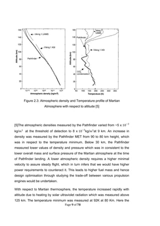 Page 9 of 78
Figure 2.3: Atmospheric density and Temperature profile of Martian
Atmosphere with respect to altitude [5]
[5]The atmospheric densities measured by the Pathfinder varied from ~5 x
kg/ at the threshold of detection to 8 x kg/ at 9 km. An increase in
density was measured by the Pathfinder MET from 90 to 80 km height, which
was in respect to the temperature minimum. Below 30 km, the Pathfinder
measured lower values of density and pressure which was in consistent to the
lower overall mass and surface pressure of the Martian atmosphere at the time
of Pathfinder landing. A lower atmospheric density requires a higher minimal
velocity to assure steady flight, which in turn infers that we would have higher
power requirements to counteract it. This leads to higher fuel mass and hence
design optimisation through studying the trade-off between various propulsion
engines would be undertaken.
With respect to Martian thermosphere, the temperature increased rapidly with
altitude due to heating by solar ultraviolet radiation which was measured above
125 km. The temperature minimum was measured at 92K at 80 Km. Here the
 
