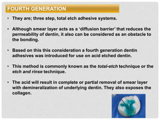 FOURTH GENERATION
• They are; three step, total etch adhesive systems.
• Although smear layer acts as a ‘diffusion barrier’ that reduces the
permeability of dentin, it also can be considered as an obstacle to
the bonding.
• Based on this this consideration a fourth generation dentin
adhesives was introduced for use on acid etched dentin.
• This method is commonly known as the total-etch technique or the
etch and rinse technique.
• The acid will result in complete or partial removal of smear layer
with demineralization of underlying dentin. They also exposes the
collagen.
 