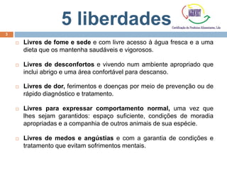  Livres de fome e sede e com livre acesso à água fresca e a uma
dieta que os mantenha saudáveis e vigorosos.
 Livres de desconfortos e vivendo num ambiente apropriado que
inclui abrigo e uma área confortável para descanso.
 Livres de dor, ferimentos e doenças por meio de prevenção ou de
rápido diagnóstico e tratamento.
 Livres para expressar comportamento normal, uma vez que
lhes sejam garantidos: espaço suficiente, condições de moradia
apropriadas e a companhia de outros animais de sua espécie.
 Livres de medos e angústias e com a garantia de condições e
tratamento que evitam sofrimentos mentais.
3
5 liberdades
 