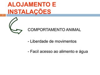 ALOJAMENTO E
INSTALAÇÕES
COMPORTAMENTO ANIMAL
- Liberdade de movimentos
- Facil acesso ao alimento e água
7
 