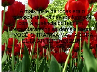 A mais triste de todas era o
girassol, que não se conformava
com a ausência do homem.
Perguntaram-lhe as demais flores:
"VOCÊ O TRATAVA MAL, AGORA
ESTÁ ARREPENDIDO?"

 