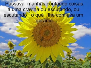 Passava manhãs contando coisas
a uma cravina ou escutando, ou
escutando o que lhe confiava um
gerânio.
 