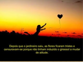 Depois que o jardineiro saiu, as flores ficaram tristes e
censuravam-se porque não tinham induzido o girassol a mudar
de atitude.
 