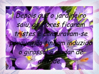 Depois que o jardineiro
saiu, as flores ficaram
tristes e censuravam-se
porque não tinham induzido
o girassol a mudar de
atitude.

 