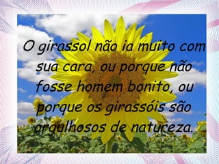 O girassol não ia muito com
sua cara, ou porque não
fosse homem bonito, ou
porque os girassóis são
orgulhosos de natureza.

 