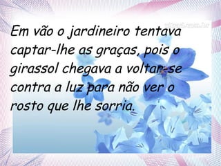 Em vão o jardineiro tentava
captar-lhe as graças, pois o
girassol chegava a voltar-se
contra a luz para não ver o
rosto que lhe sorria.

 