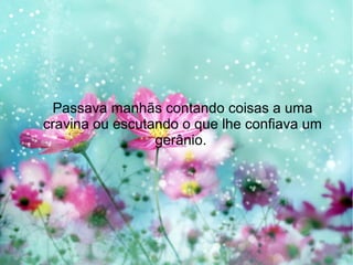 Passava manhãs contando coisas a uma
cravina ou escutando o que lhe confiava um
gerânio.

 