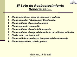 Mendoza, 23 de abril
El Lote de Reabastecimiento
Debería ser…
1.1. El que minimiza el costo de mantener y ordenarEl que minimiza el costo de mantener y ordenar
2.2. El que acuerdan Fabricación y DistribuciónEl que acuerdan Fabricación y Distribución
3.3. El que optimiza el precio de compraEl que optimiza el precio de compra
4.4. El que repone lo consumidoEl que repone lo consumido
5.5. El que optimiza el costo del transporteEl que optimiza el costo del transporte
6.6. El que optimiza el reaprovisionamiento de múltiples artículosEl que optimiza el reaprovisionamiento de múltiples artículos
7.7. El adecuado por la vida útilEl adecuado por la vida útil
8.8. El que está de acuerdo con la capacidad de almacenajeEl que está de acuerdo con la capacidad de almacenaje
9.9. El que determina el criterio generalEl que determina el criterio general
 