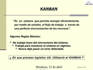 Mendoza, 23 de abril
‘‘Es un sistema que permite manejar eficientemente,
por medio de señales, el flujo de trabajo a través de
una perfecta sincronización de los recursos’’.
Algunas Reglas Básicas:Algunas Reglas Básicas:
^ No trabaje fuera del sincronismo del sistema.^ No trabaje fuera del sincronismo del sistema.
^ Trabaje para mantener el sistema en régimen^ Trabaje para mantener el sistema en régimen..
^ Nunca deje pasar un error detectado.^ Nunca deje pasar un error detectado.
ARLOG / LTI 198
¿ En que proceso logístico Ud. Utilizaría el KANBAN ?¿ En que proceso logístico Ud. Utilizaría el KANBAN ?
KANBAN
 