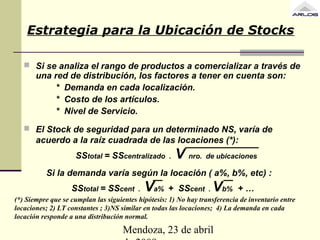 Mendoza, 23 de abril
Estrategia para la Ubicación de Stocks
 Si se analiza el rango de productos a comercializar a través de
una red de distribución, los factores a tener en cuenta son:
* Demanda en cada localización.
* Costo de los artículos.
* Nivel de Servicio.
 El Stock de seguridad para un determinado NS, varía de
acuerdo a la raíz cuadrada de las locaciones (*):
SStotal = SScentralizado . V nro. de ubicaciones
SStotal = SScent . Va% + SScent . Vb% + …
Si la demanda varía según la locación ( a%, b%, etc) :
(*) Siempre que se cumplan las siguientes hipótesis: 1) No hay transferencia de inventario entre
locaciones; 2) LT constantes ; 3)NS similar en todas las locaciones; 4) La demanda en cada
locación responde a una distribución normal.
 