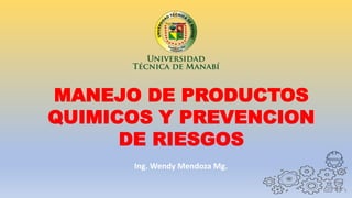 MANEJO DE PRODUCTOS
QUIMICOS Y PREVENCION
DE RIESGOS
Ing. Wendy Mendoza Mg.
 