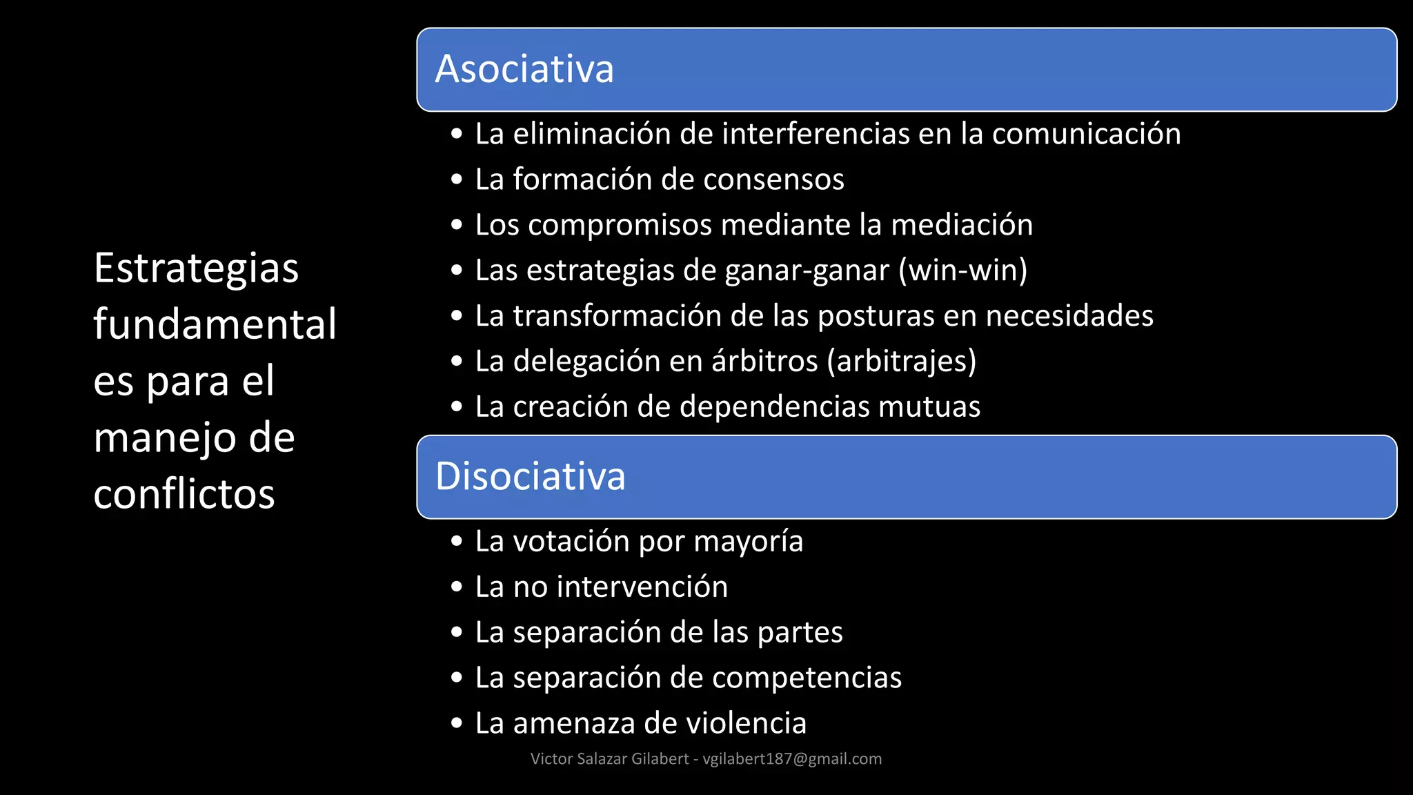 Victor Salazar Gilabert - vgilabert187@gmail.com
Estrategias
fundamental
es para el
manejo de
conflictos
Asociativa
• La eliminación de interferencias en la comunicación
• La formación de consensos
• Los compromisos mediante la mediación
• Las estrategias de ganar-ganar (win-win)
• La transformación de las posturas en necesidades
• La delegación en árbitros (arbitrajes)
• La creación de dependencias mutuas
Disociativa
• La votación por mayoría
• La no intervención
• La separación de las partes
• La separación de competencias
• La amenaza de violencia
 
