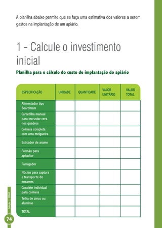 Coleção|SENAR
74
A planilha abaixo permite que se faça uma estimativa dos valores a serem
gastos na implantação de um apiário.
1 - Calcule o investimento
inicial
Planilha para o cálculo do custo de implantação do apiário
ESPECIFICAÇÃO UNIDADE QUANTIDADE
VALOR
UNITÁRIO
VALOR
TOTAL
Alimentador tipo
Boardmam
Carretilha manual
para incrustar cera
nos quadros
Colmeia completa
com uma melgueira
Esticador de arame
Formão para
apicultor
Fumigador
Núcleo para captura
e transporte de
enxames
Cavalete individual
para colmeia
Telha de zinco ou
alumínio
TOTAL
 