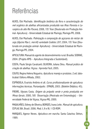 Coleção|SENAR
79
Referências
ALVES, Eloi Machado. Identificação botânica da flora e caracterização do
mel orgânico de abelhas africanizadas produzido nas Ilhas Floresta e La-
ranjeira do alto Rio Paraná, 2008, 72f. Tese (Doutorado em Produção Ani-
mal- Apicultura) - Universidade Estadual de Maringá, Maringá-PR, 2008.
ALVES, Eloi Machado. Polinização e composição de açúcares do néctar de
soja (Glycine Max L. merrill) variedade Codetec 207, 2004, 72f. Tese (Dou-
torado em produção animal- Apicultura) - Universidade Estadual de Marin-
gá, Maringá-PR, 2004.
APICULTURA: Manual do agente de desenvolvimento rural. Brasília: SEBRAE,
2004. (Projeto APIS – Apicultura Integrada e Sustentável).
COSTA, Paulo Sérgio Cavalcanti; OLIVEIRA, Juliana Silva. Manual prático de
criação de abelhas. Viçosa : Aprenda Fácil, 2005.
COUTO, Regina Helena Nogueira. Apicultura: manejo e produtos. 2.ed. Jabo-
ticabal: Editora Afiliada, 2002.
ESPÍNDOLA, Evaristo Antônio et all. Curso profissionalizante de apicultura:
informações técnicas. Florianópolis : EPAGRJ, 2003. (Boletim Didático; 45).
FREIRE, Ulysses Costa. Origem da própolis verde e preta produzida em
Minas Gerais. 2000, 50f. Dissertação (Mestrado em Entomologia) – Uni-
versidade Federal de Viçosa, Viçosa-MG, 2000.
MAGALHÃES, Ediney de Oliveira; BORGES, Ivana Leite. Manual de apicultura.
CEPLAC-BA, Brasil. 2006. Mod. I, II e III; 1 CD-ROM.
MARQUES, Agenor Neves. Apicultura em marcha. Santa Catarina: Dehon,
1989.
 