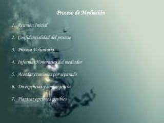 Proceso de Mediación Reunión Inicial Confidencialidad del proceso Proceso Voluntario Informar Honorarios del mediador Acordar reuniones por separado Divergencias y convergencia Plantear opciones posibles 